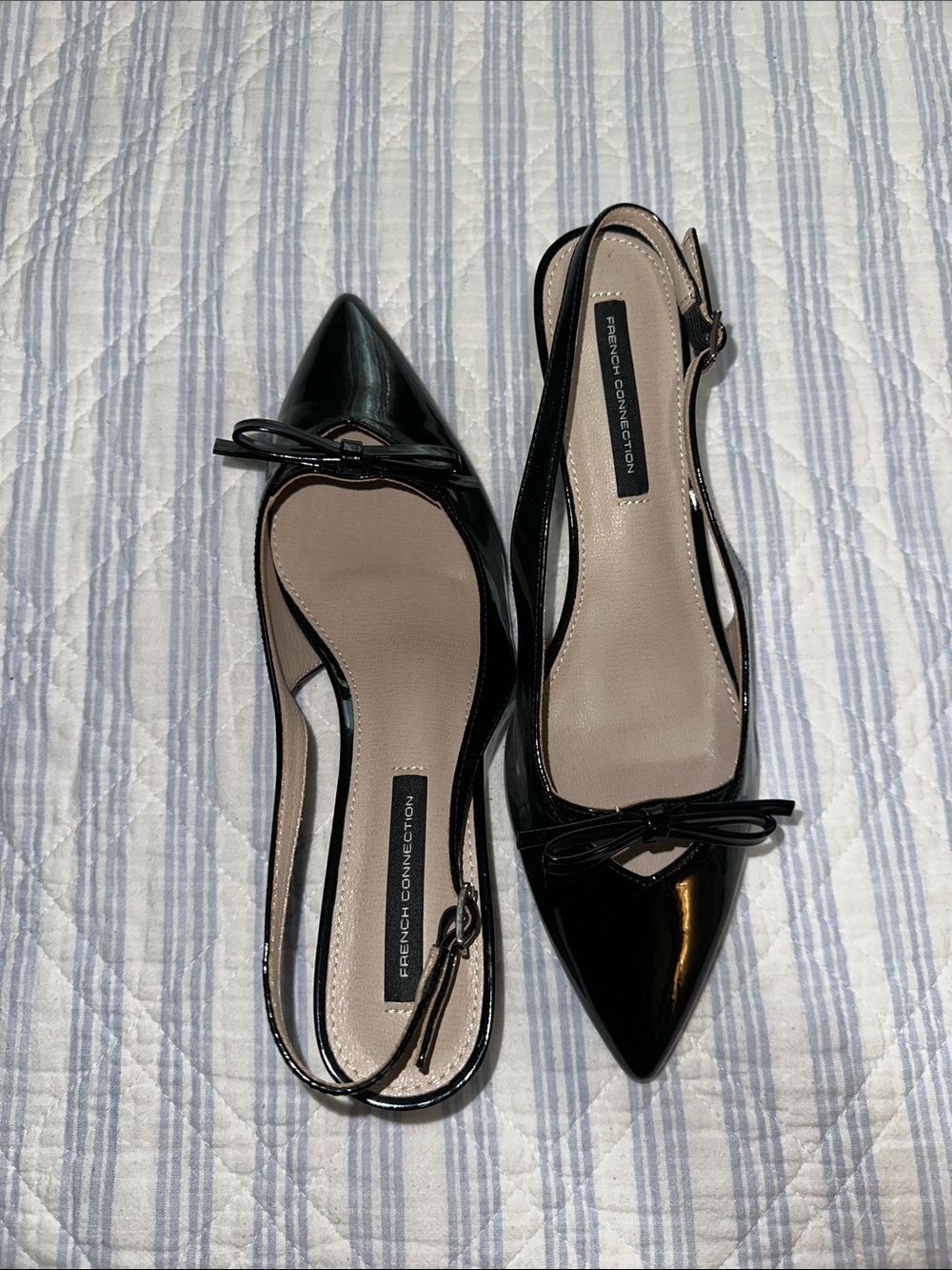 French Connection Black Patent Pointed Toe Slingback Flats with Bow